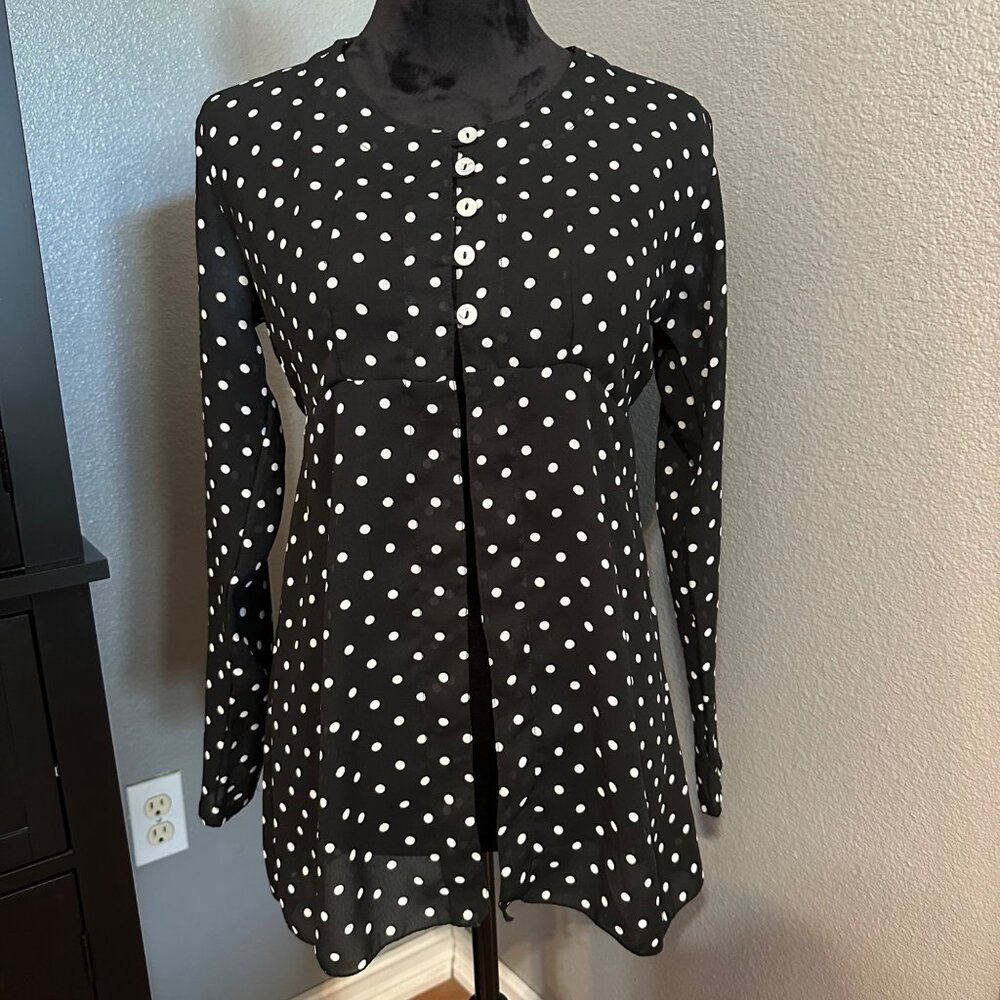 Animale Womens Tunic Blouse Small Black White Polka Dot Button Up Long Sleeve‎